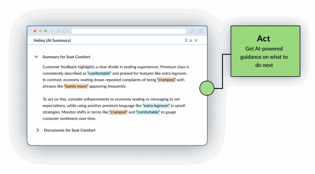 Luminoso product widget with annotation displaying recommended actions based on feedback analysis, such as improving cramped seating and reinforcing positive experiences.