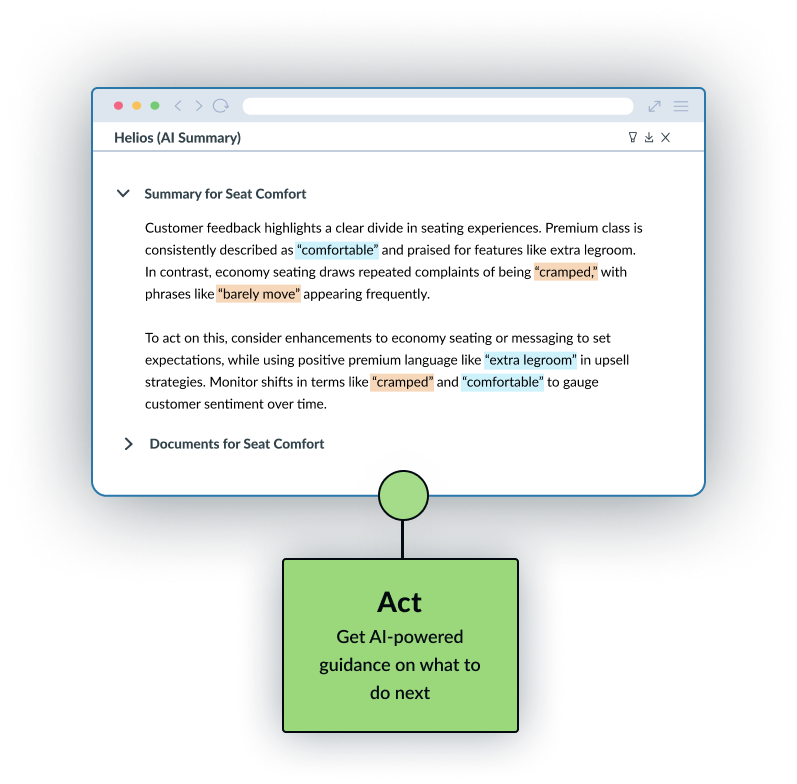Luminoso product widget with annotation displaying recommended actions based on feedback analysis, such as improving cramped seating and reinforcing positive experiences.